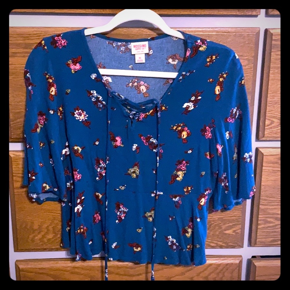 Teal Floral Lace Up Top